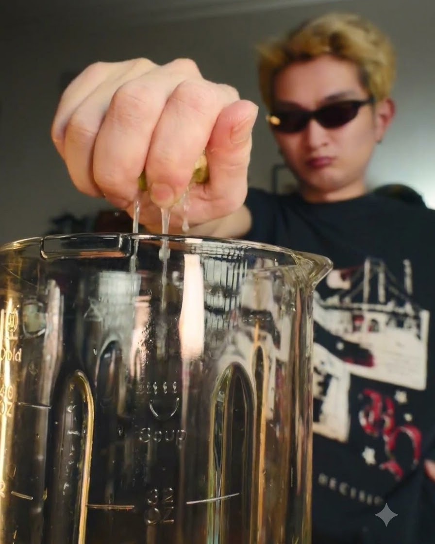 Una mano exprimiendo la mitad de una lima fresca, liberando gotas de jugo en el vaso de la licuadora.