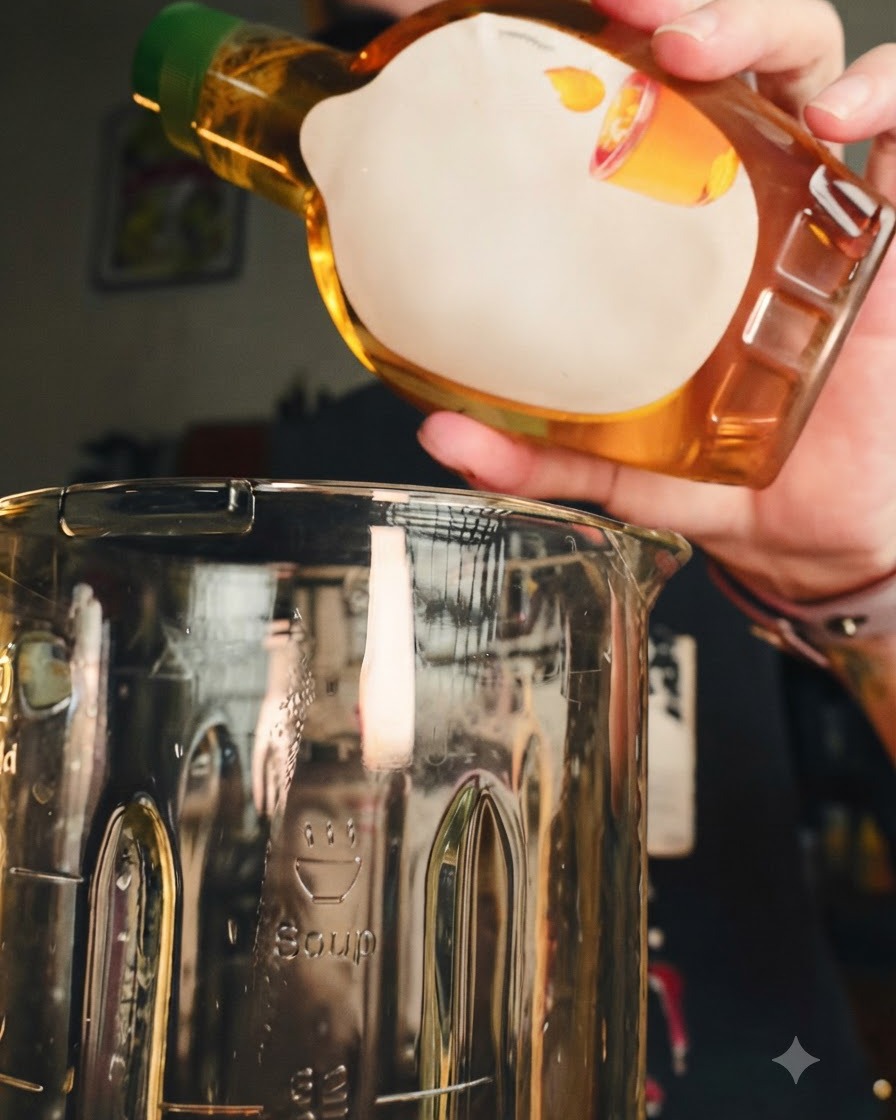 Jarabe de agave siendo vertido desde una botella en el vaso de la licuadora.