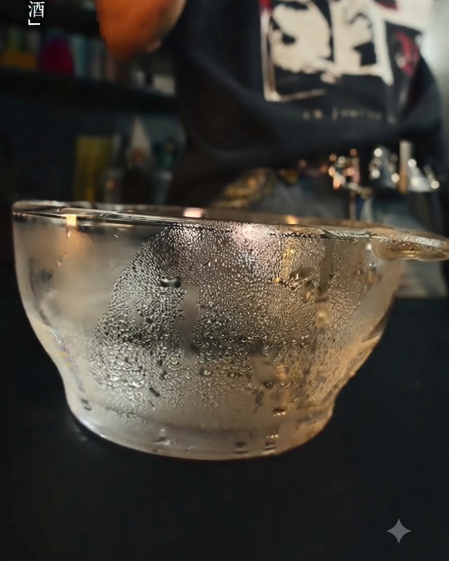 Un bol de vidrio cubierto de gotas de agua, reflejando el proceso de preparación para ablandar las hojas de gelatina.