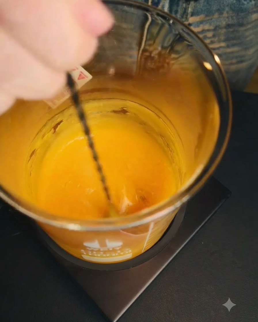Una cuchara de mango largo removiendo puré de mango naranja y suave dentro de un vaso medidor de vidrio transparente colocado sobre una superficie calefactora.