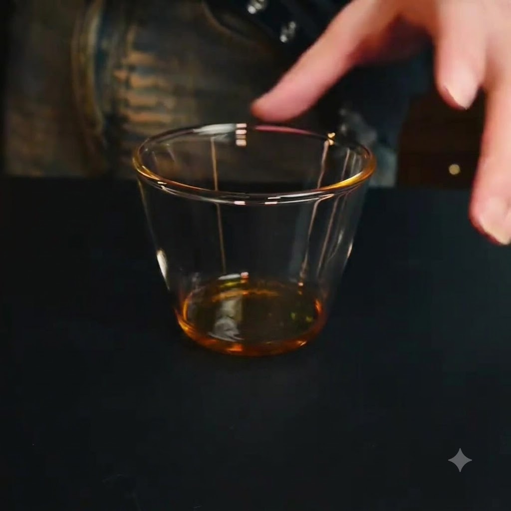 Un vaso de vidrio transparente vacío reposando sobre una superficie oscura listo para ser llenado con líquido.