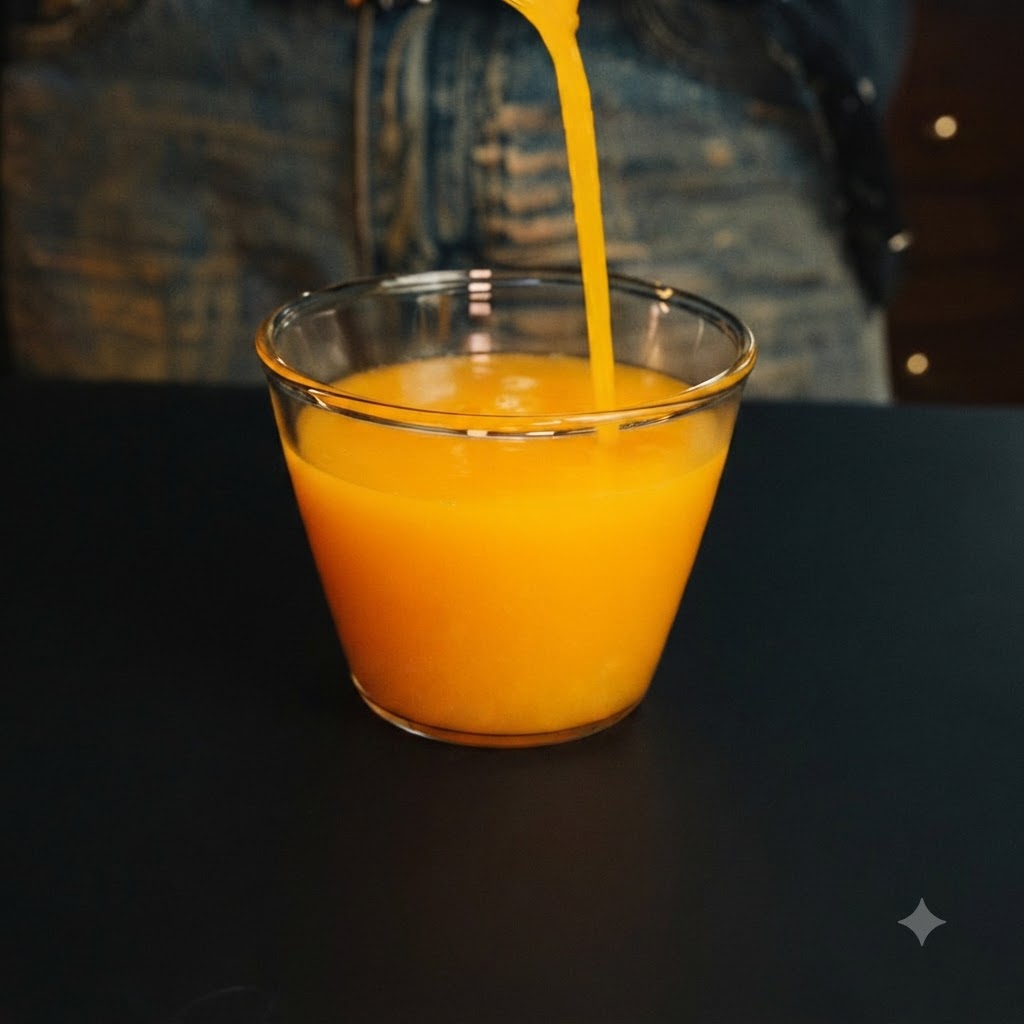 Líquido naranja brillante siendo vertido desde lo alto en un vaso de vidrio transparente, llenándolo casi hasta el borde.