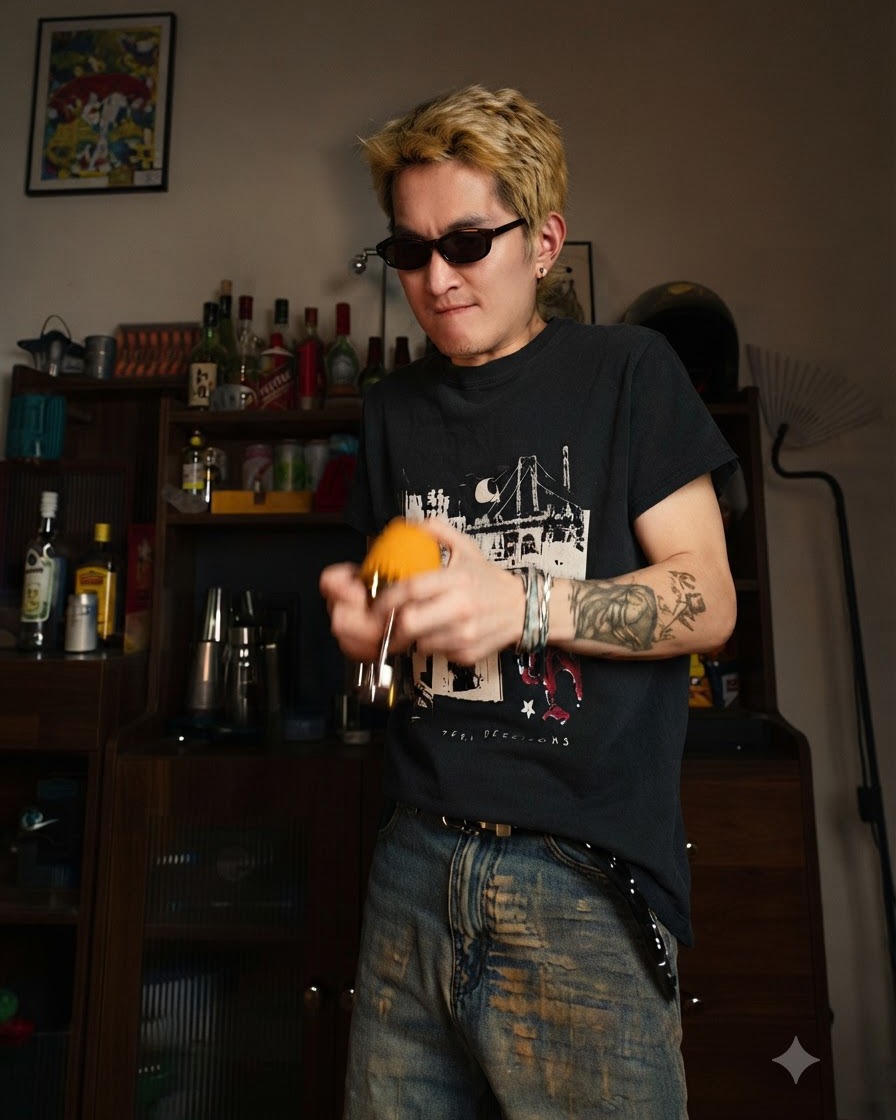 Una persona con cabello rubio y gafas de sol vistiendo una camiseta gráfica oscura manipulando cuidadosamente un vaso invertido para liberar la jalea amarilla cuajada.