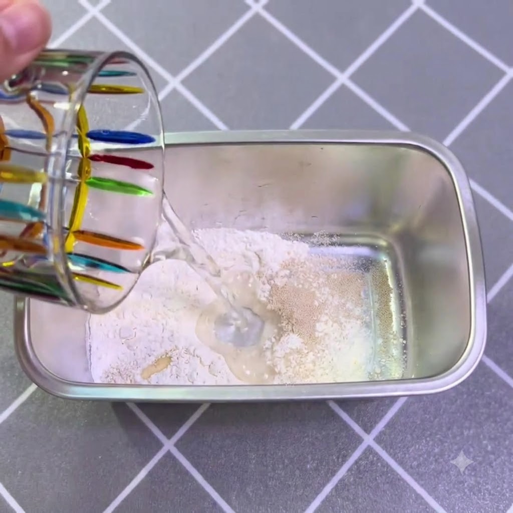 Ingredientes para el poolish combinándose y removiéndose en un recipiente pequeño.