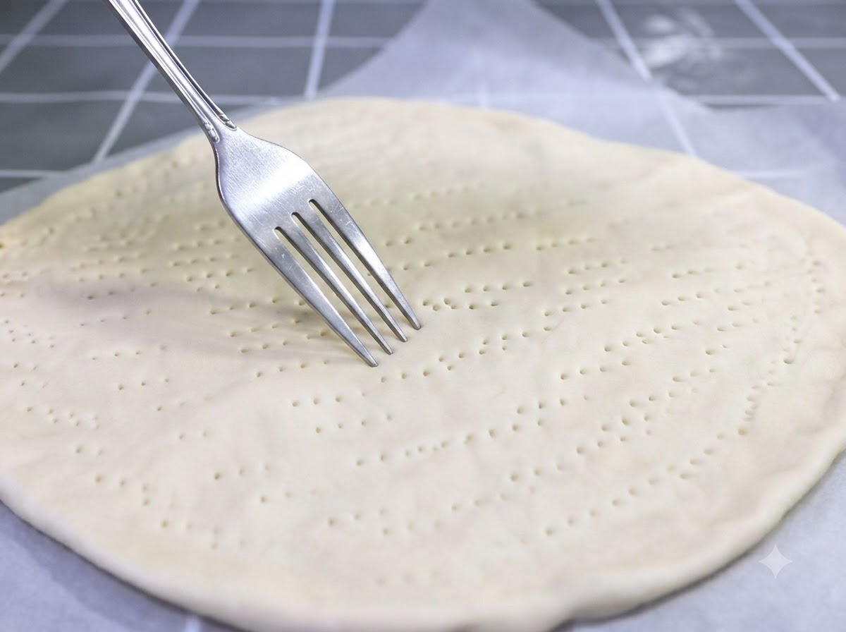 Un tenedor perforando agujeros en el centro de la masa de pizza formada.