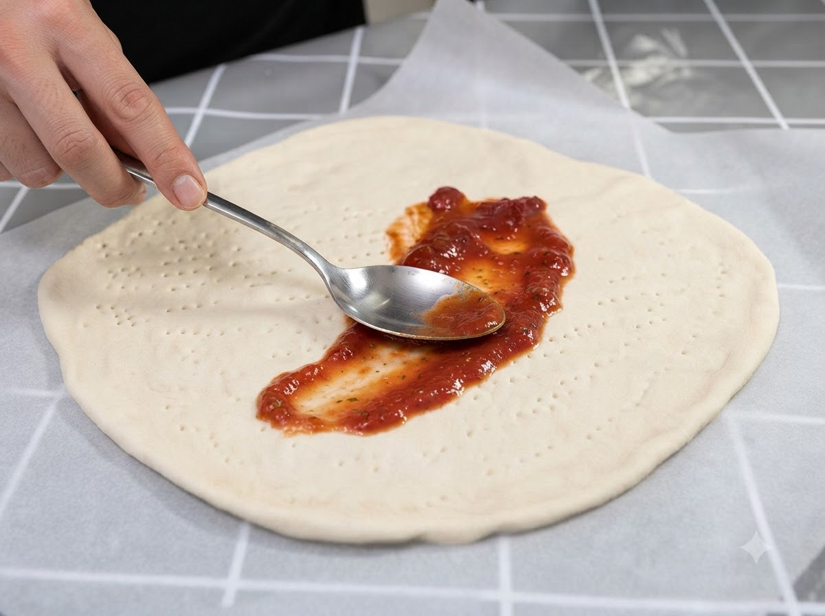 Una cuchara de metal esparciendo una cucharada de salsa de tomate roja sobre el centro de una base de pizza pálida.