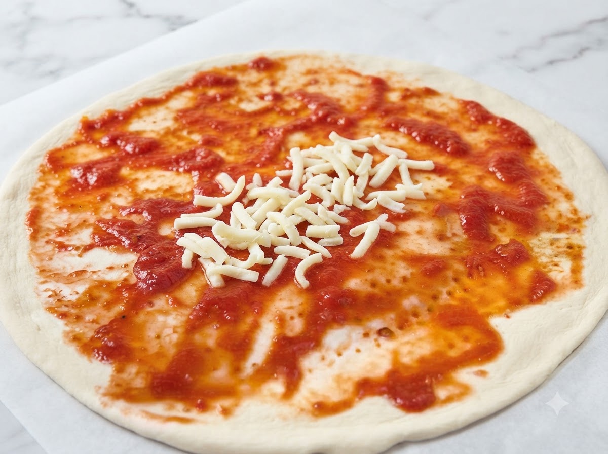 Un puñado de queso mozzarella blanco rallado siendo esparcido sobre una base de pizza con salsa de tomate.