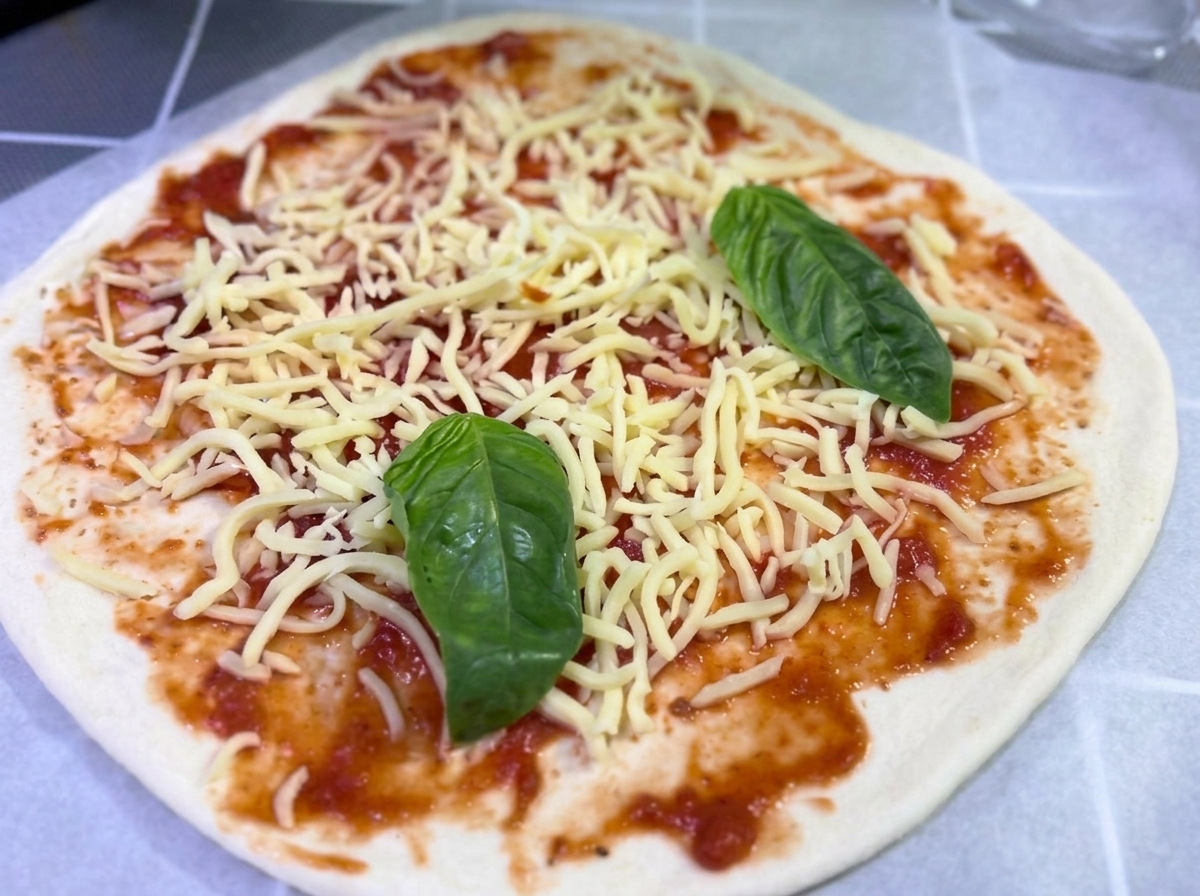 Varias hojas de albahaca fresca de color verde vibrante colocadas encima del queso rallado y la salsa de tomate.