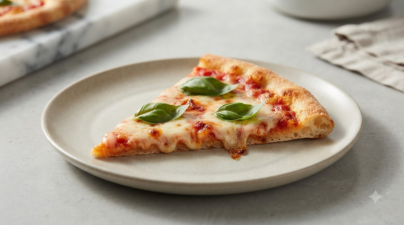 Un primer plano de una porción individual de pizza Margarita casera que muestra una corteza crujiente y mozzarella derretida