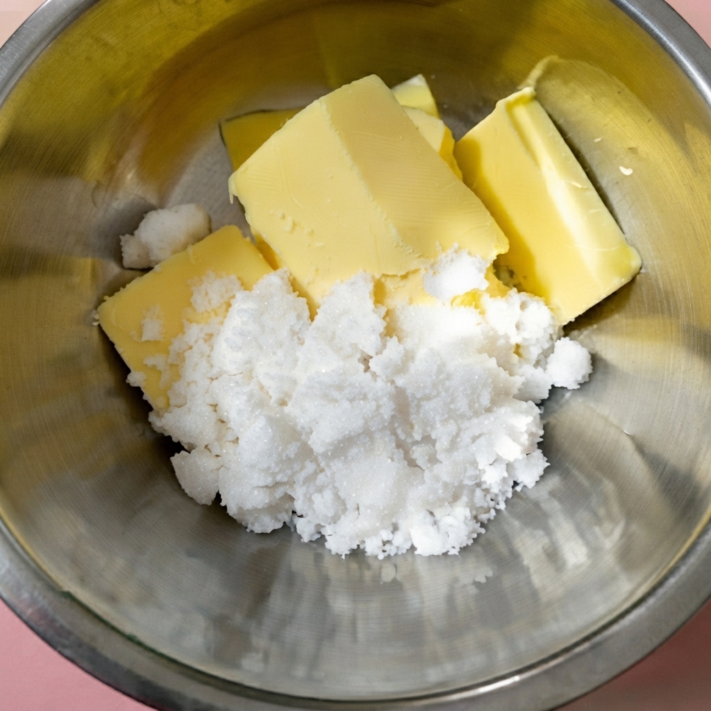 Cubos de mantequilla y azúcar blanco juntos dentro de un bol de mezcla de acero inoxidable.