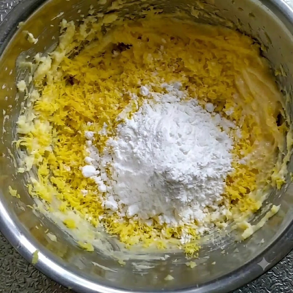 Un montón de fécula de maíz blanca y harina sobre la mezcla de mantequilla batida amarilla y yema de huevo tamizada.