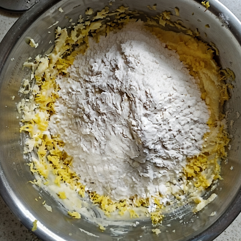 Harina seca y fécula de maíz apiladas sobre la mezcla de mantequilla y yema de huevo dentro de un bol metálico antes de amasar.