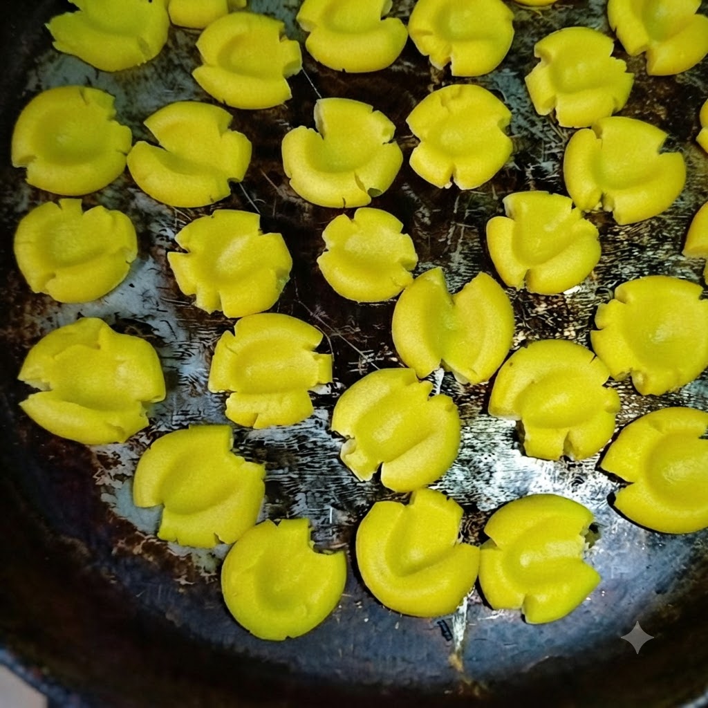 Piezas de masa de galleta amarilla con forma dispuestas cuidadosamente dentro de una sartén antiadherente oscura listas para cocinar.