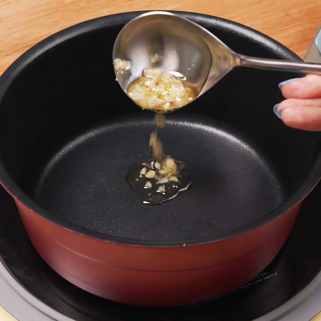 Salsa de soja ligera siendo vertida en una olla de cocina roja con aceite de ajo y chiles.