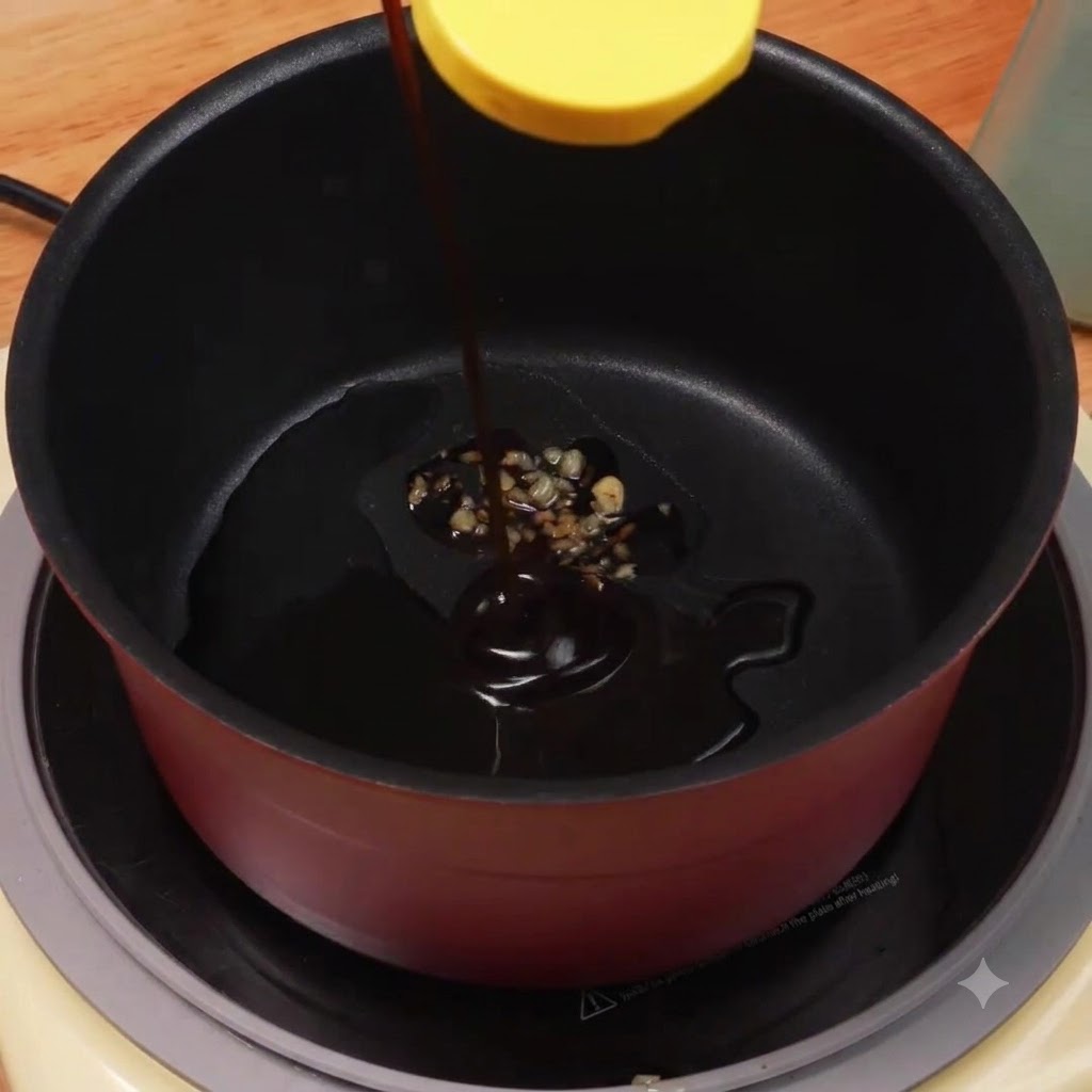 Sustituto de azúcar y condimentos siendo añadidos a la olla con la mezcla de salsa.
