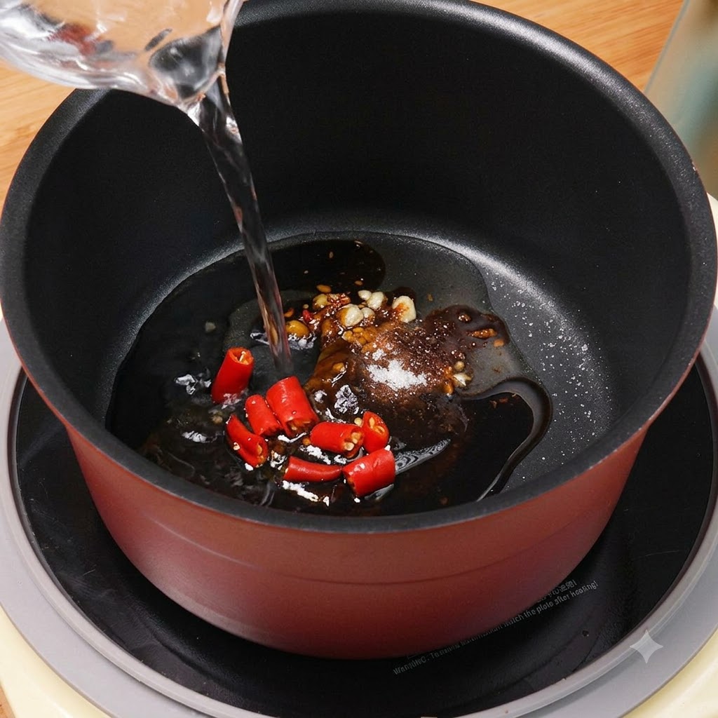 Agua limpia siendo vertida desde una taza medidora en la olla con los ingredientes de la salsa y chiles rojos.