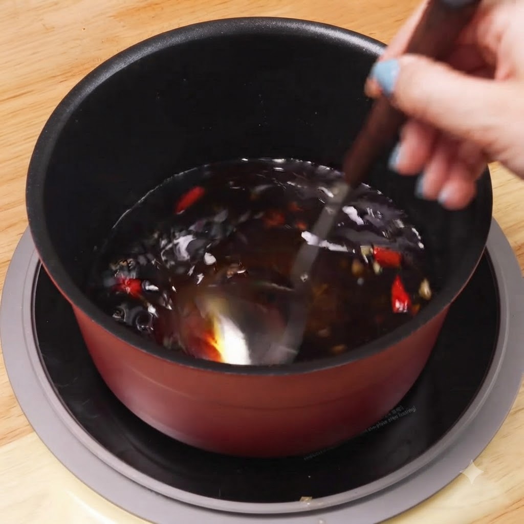 Un cucharón removiendo la mezcla de salsa oscura dentro de una olla de cocina roja.
