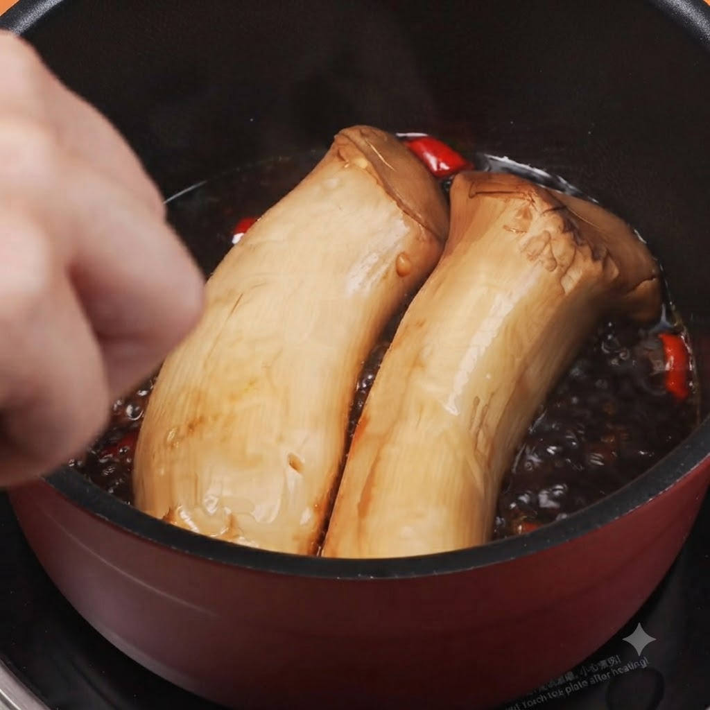 Mano usando pinzas para voltear y girar suavemente las setas de ostra real cociéndose a fuego lento en la salsa.