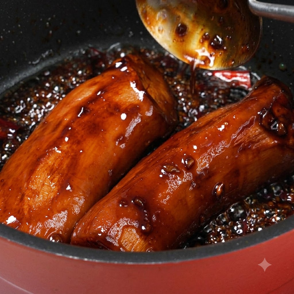Setas de ostra real enteras cociéndose a fuego lento en un glaseado oscuro que se reduce dentro de una olla, siendo bañadas con salsa.