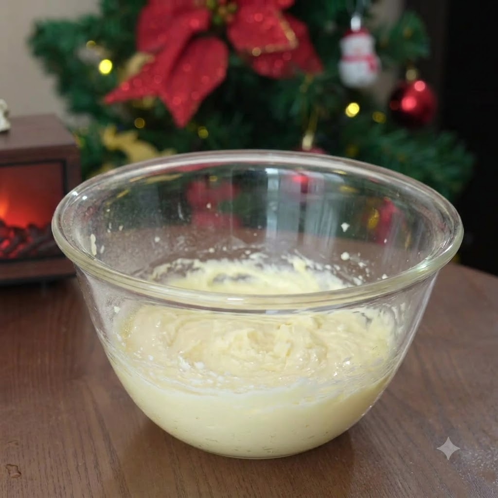 Un bol de cristal con mantequilla y azúcar glas batidos hasta quedar esponjosos.