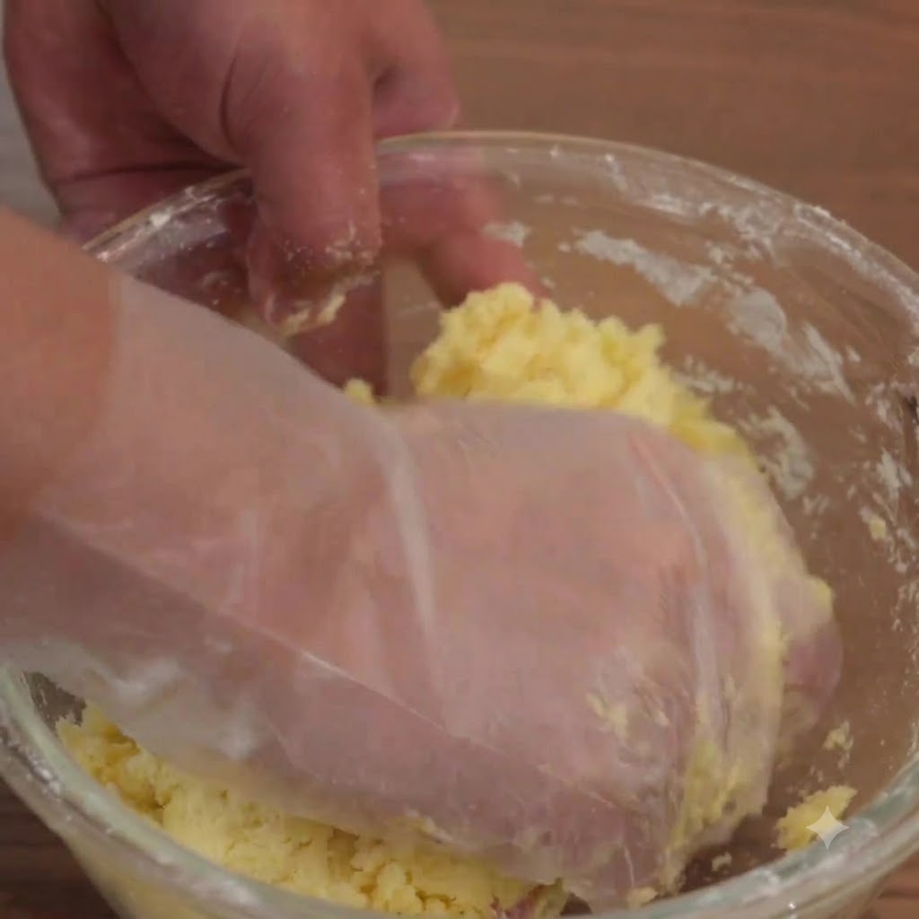 Una mano enguantada amasando la masa de galletas dentro de un bol de mezcla de cristal.