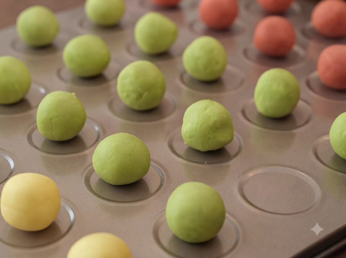 Primer plano de una bandeja de horno con bolas de masa redondas verdes, amarillas y rojas ordenadas de forma limpia.