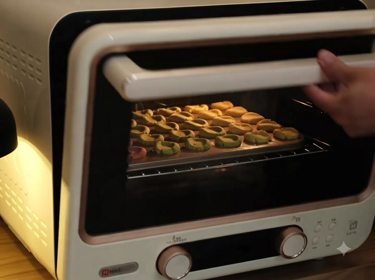 Una persona abriendo un horno blanco y dorado rosa de estilo retro para introducir una bandeja con masa de galletas moldeada.