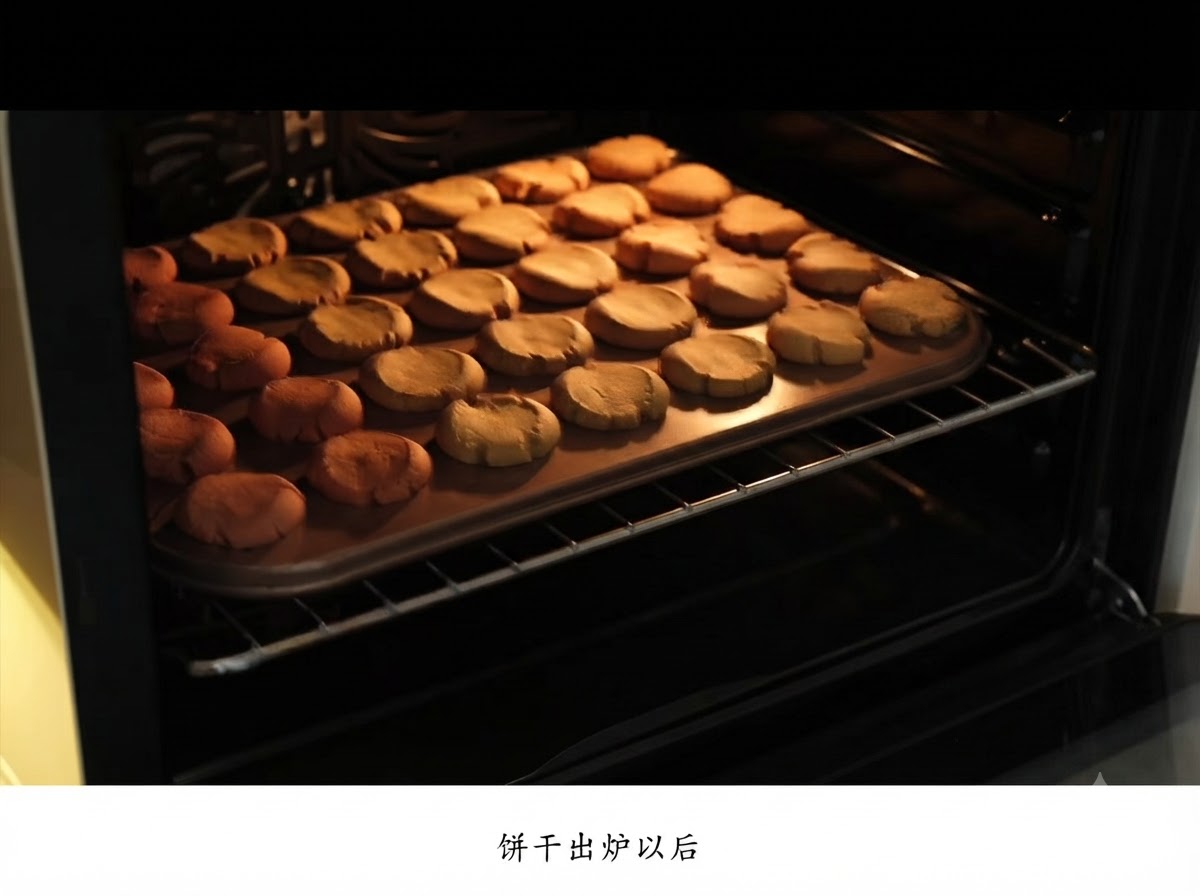 Una bandeja de galletas doradas recién horneadas extraída del interior oscuro de un horno.