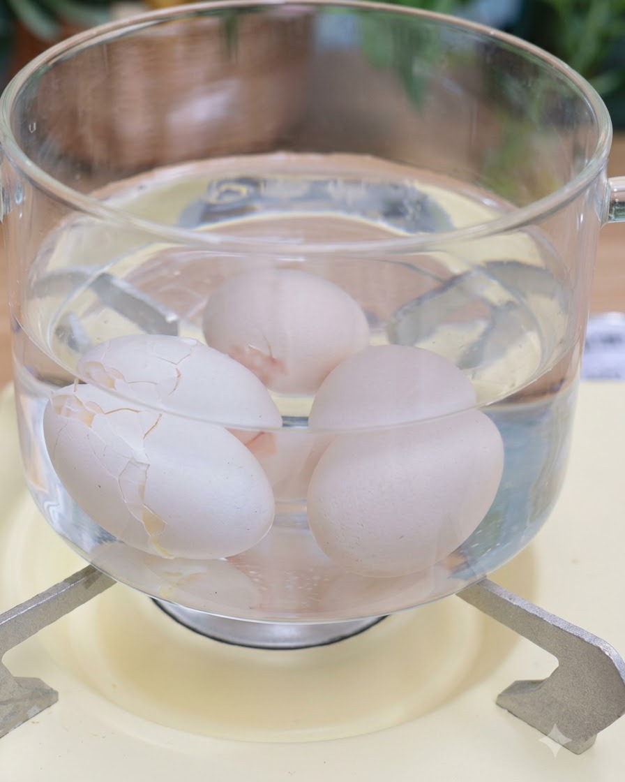 Huevos sumergidos en una olla con agua hirviendo en una estufa.