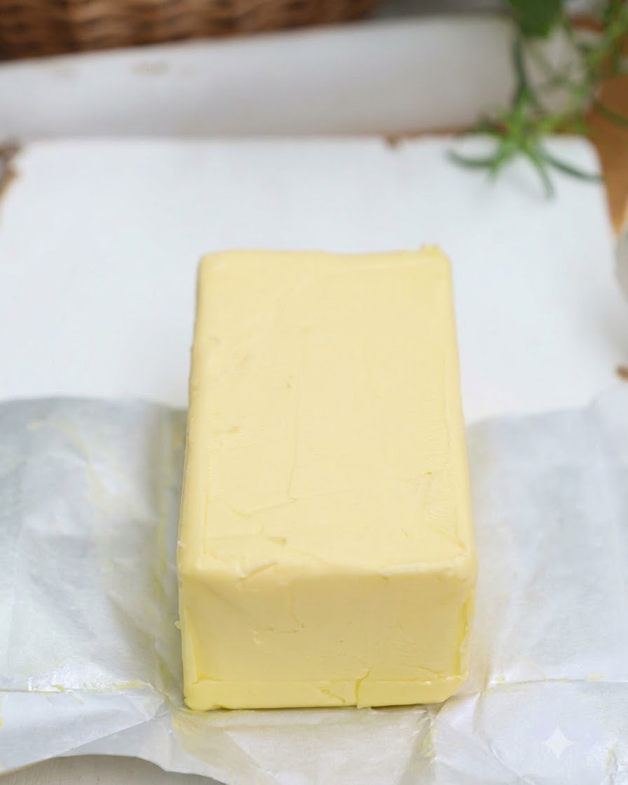 Un bloque de mantequilla siendo cortado en cubos pequeños del mismo tamaño sobre una superficie de corte blanca.