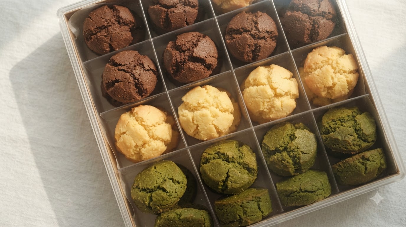 Un surtido de galletas Margarita terminadas en amarillo, matcha verde y cacao marrón dispuestas ordenadamente en una caja de regalo con tapa transparente.
