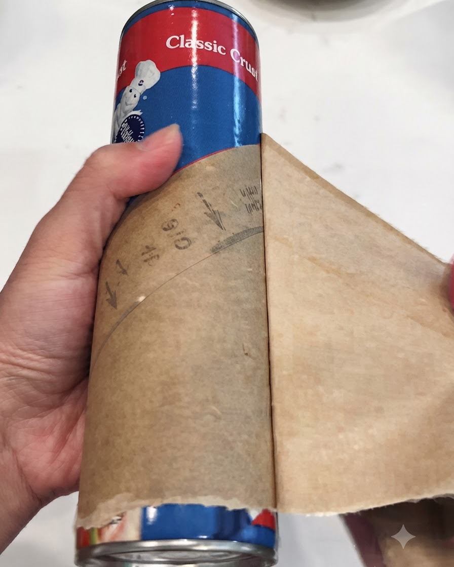 Una mano desenrollando masa de pizza enlatada de su envase de cartón sobre papel de horno.
