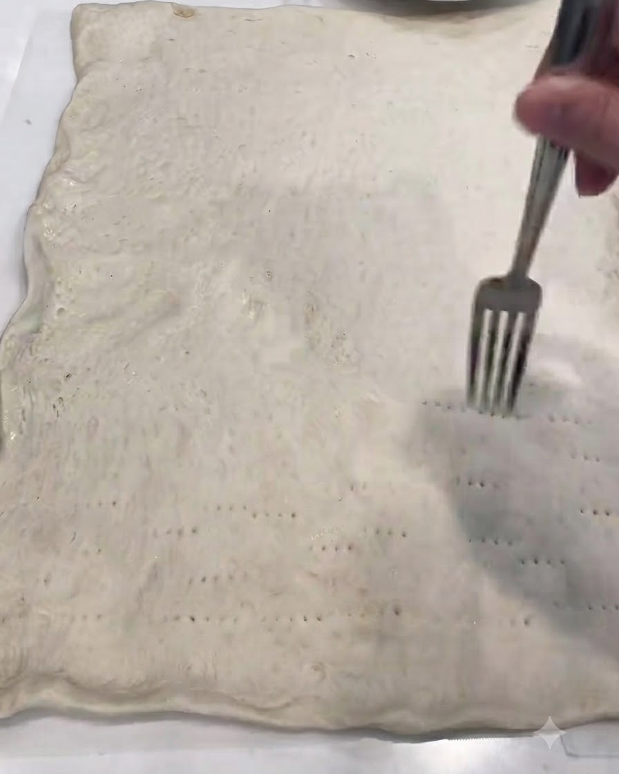 Una mano usando un tenedor para hacer numerosos agujeros pequeños por la superficie de la masa de pizza estirada.