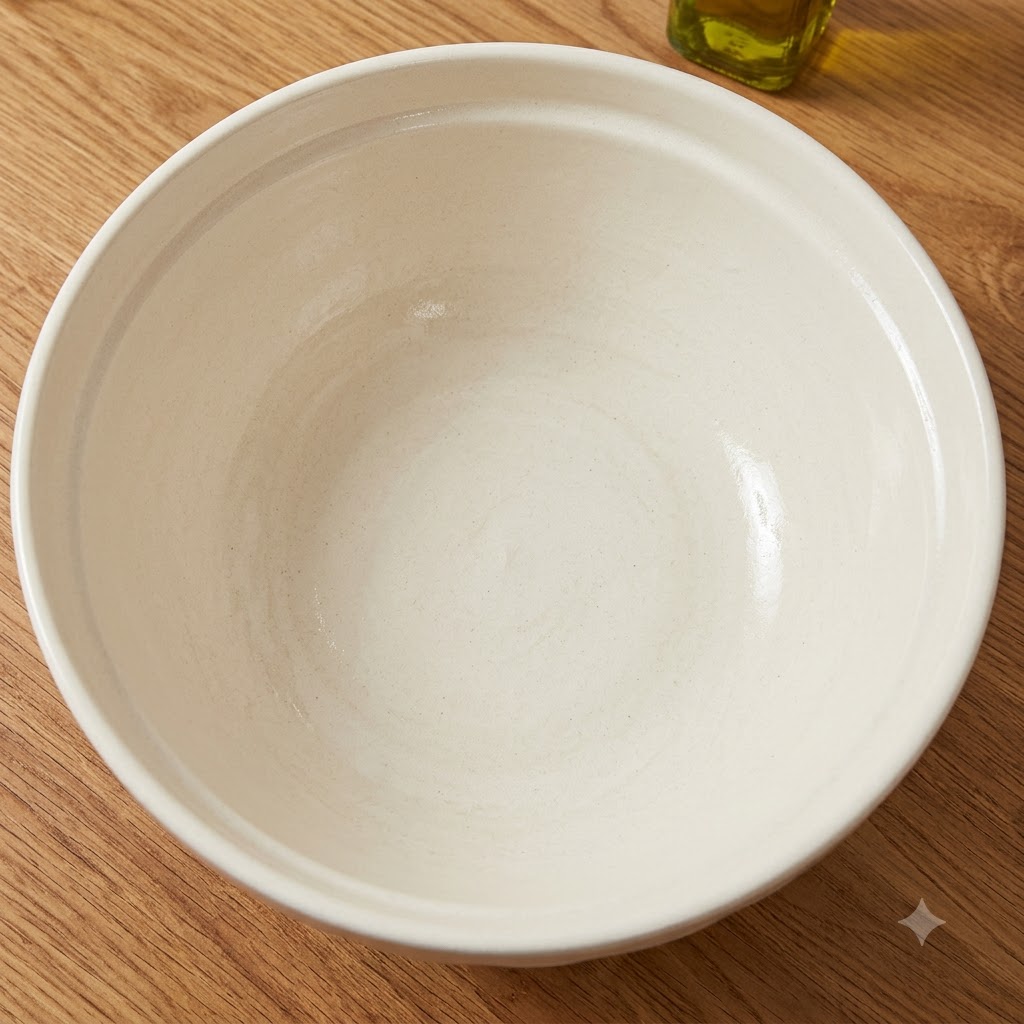 Agua tibia, levadura, aceite de oliva y harina combinados en un tazón blanco para mezclar.