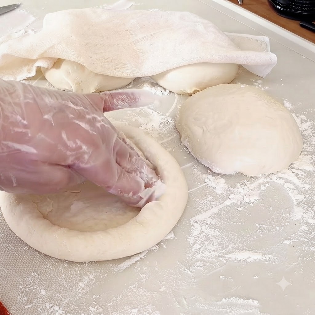 Manos con guantes presionando el centro de una porción de masa redondeada sobre una superficie enharinada.