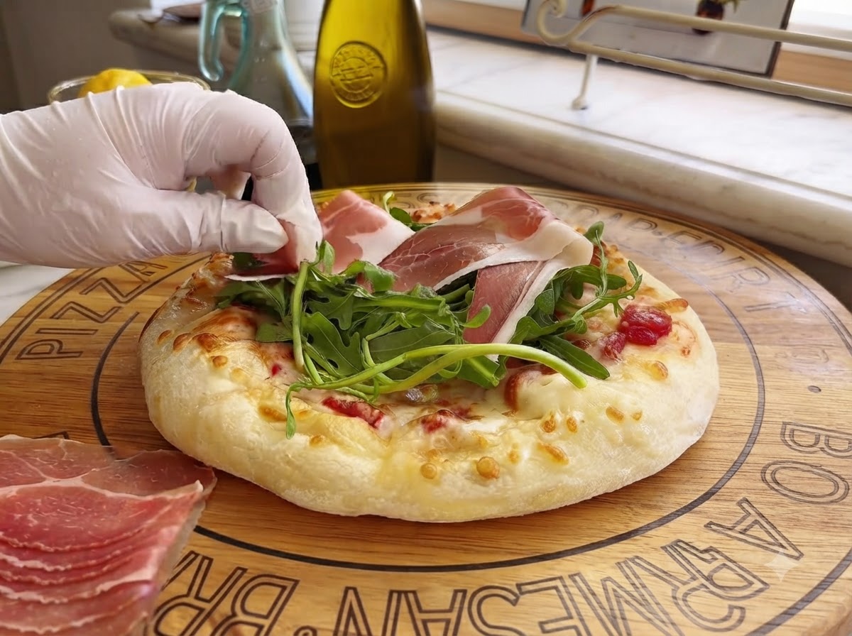 Rebanadas de jamón de Parma curado colocadas suavemente a mano sobre una pizza cubierta con rúcula.