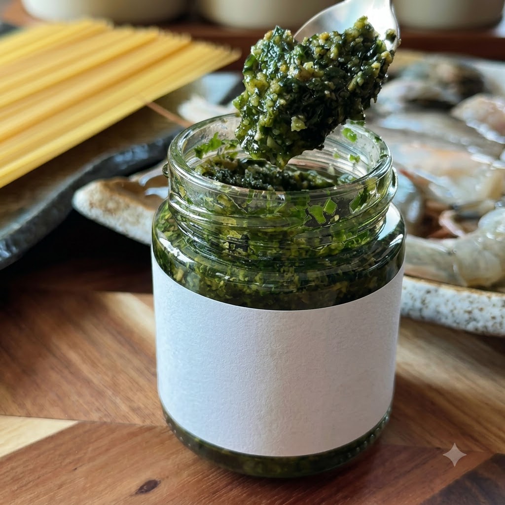 Una cuchara de metal sacando una porción de pesto de albahaca verde intenso y espeso de un pequeño frasco de vidrio.