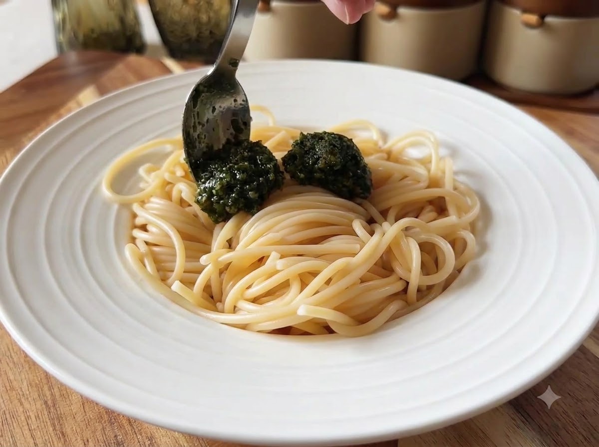 Una cuchara añadiendo pesto de albahaca verde vibrante sobre espaguetis cocidos y calientes en un plato blanco.
