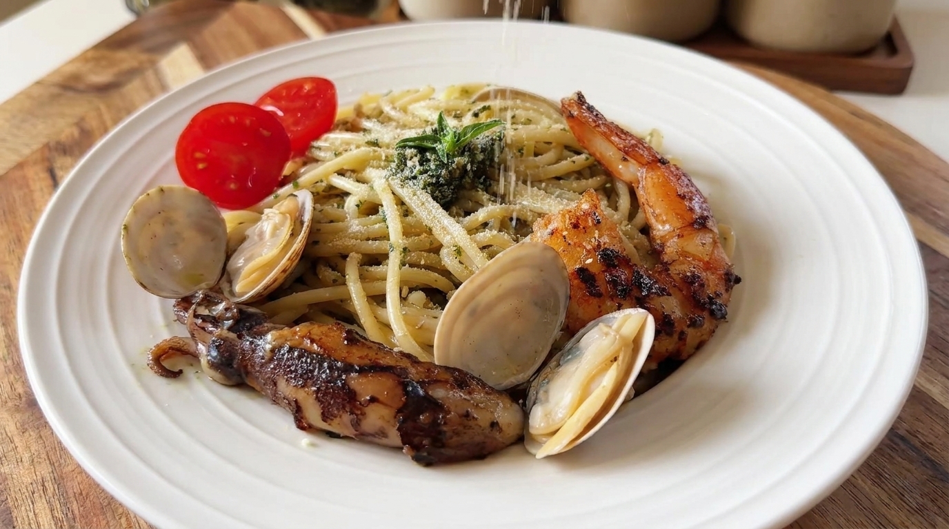 Espaguetis Mediterráneos de Marisco al Pesto de Albahaca