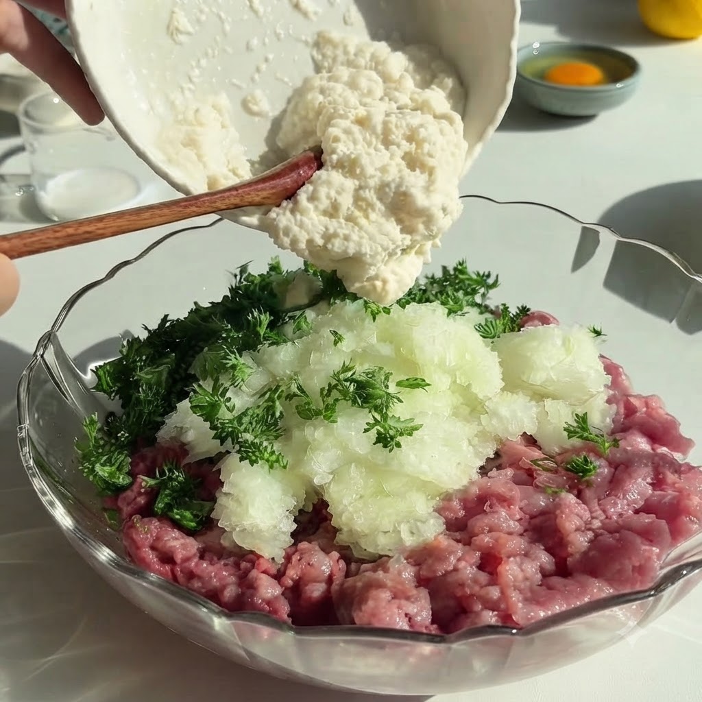 Un bol blanco vertiendo una mezcla espesa de leche y migas de pan sobre la carne picada sazonada y las hierbas.