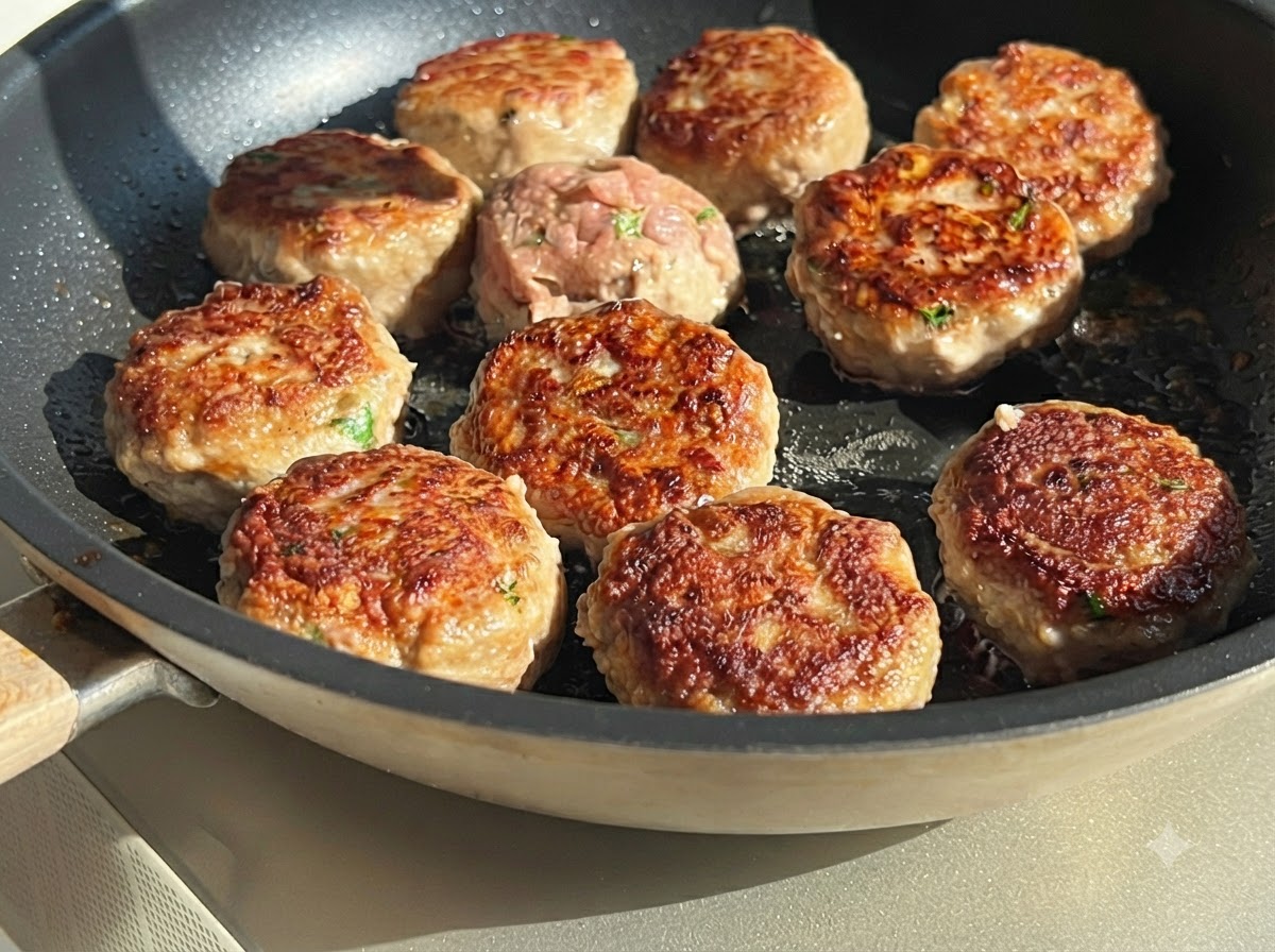 Albóndigas friéndose en una sartén, algunas volteadas para mostrar una rica corteza exterior dorada y crujiente.