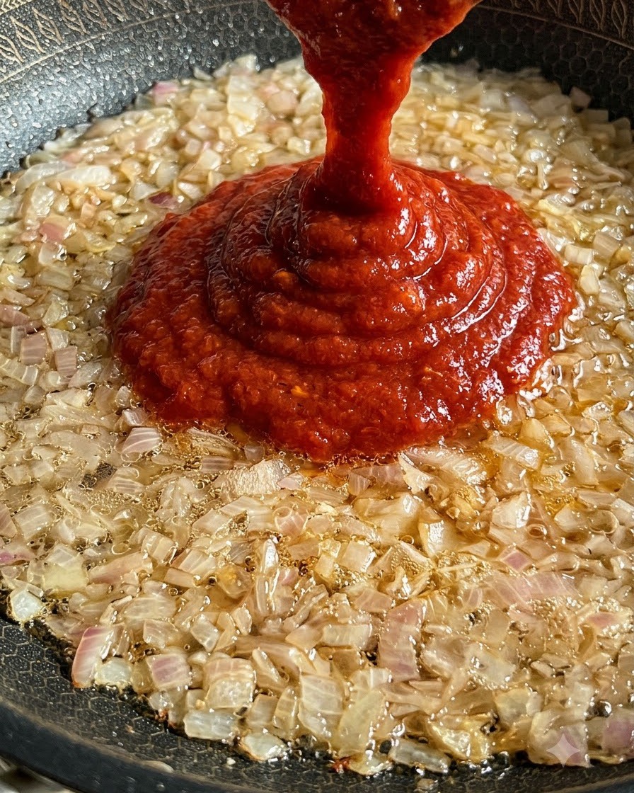 Salsa de tomate roja espesa siendo vertida desde un recipiente en una sartén chispeante de cebollas salteadas.
