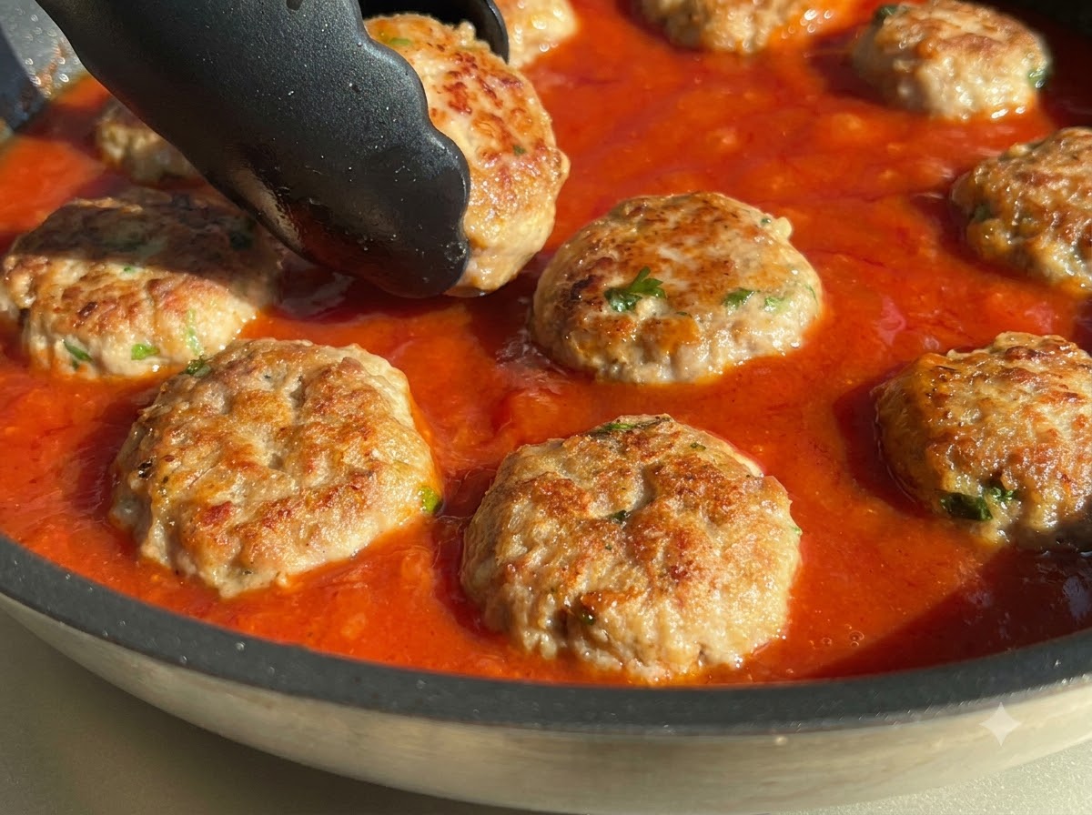 Pinzas colocando albóndigas doradas una por una en una sartén llena de vibrante salsa de tomate roja.