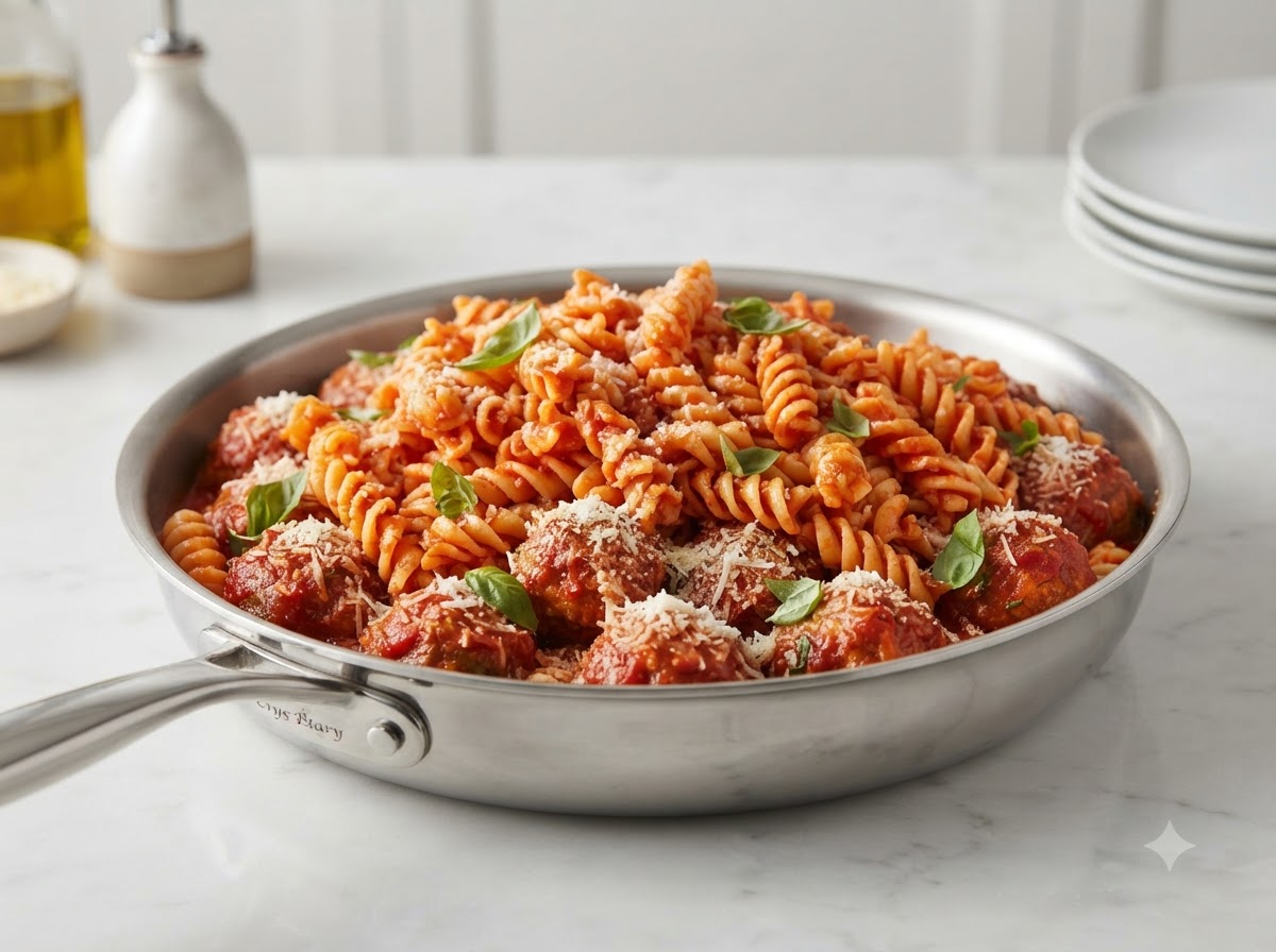 Pasta fusilli en espiral cocida apilada en una sartén grande encima de las albóndigas y la salsa de tomate, lista para mezclar.