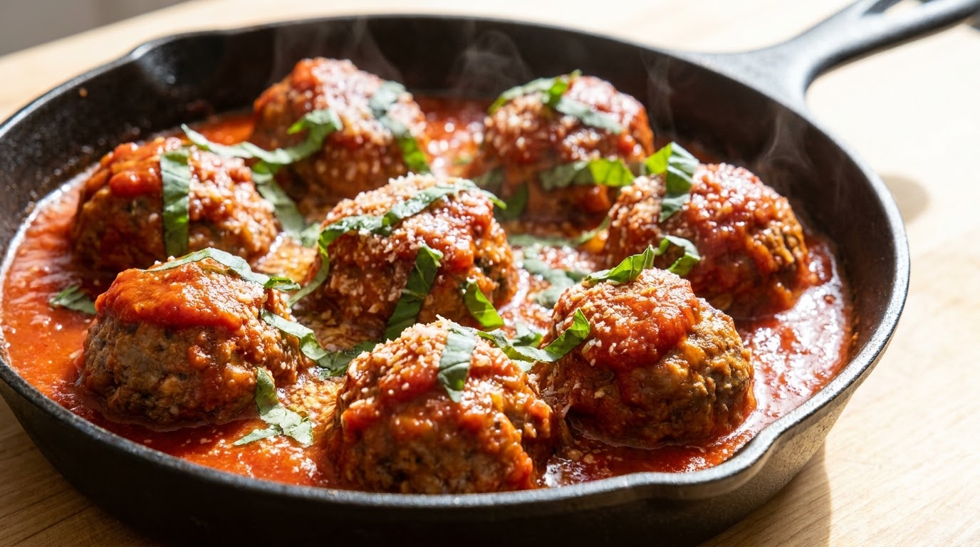 Una sartén oscura llena de albóndigas napolitanas doradas cocinándose a fuego lento en una vibrante salsa de tomate, adornadas con albahaca fresca y parmesano.