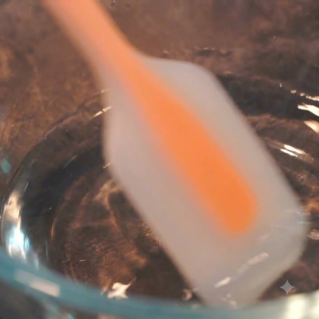 Agua y sal mezclándose en un bol de cristal con una espátula de silicona.