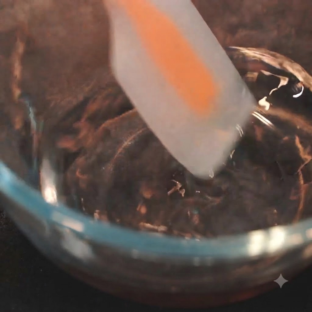 Una espátula de silicona removiendo una mezcla líquida transparente dentro de un bol de cristal.