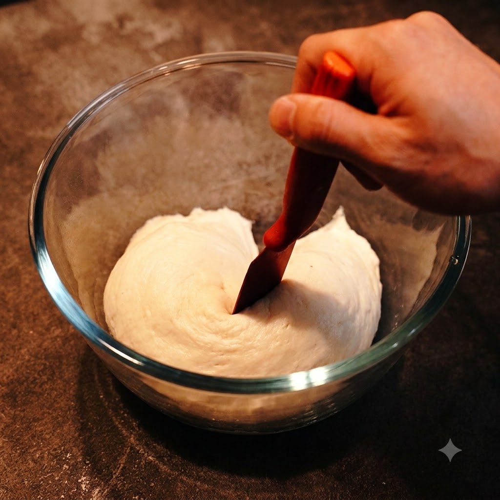 Una espátula roja cortando un montículo de masa blanca fermentada dentro de un bol de cristal.