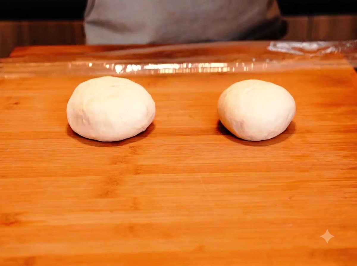 Dos porciones redondas de masa de pizza blanca reposando una al lado de la otra sobre una tabla de cortar de madera.