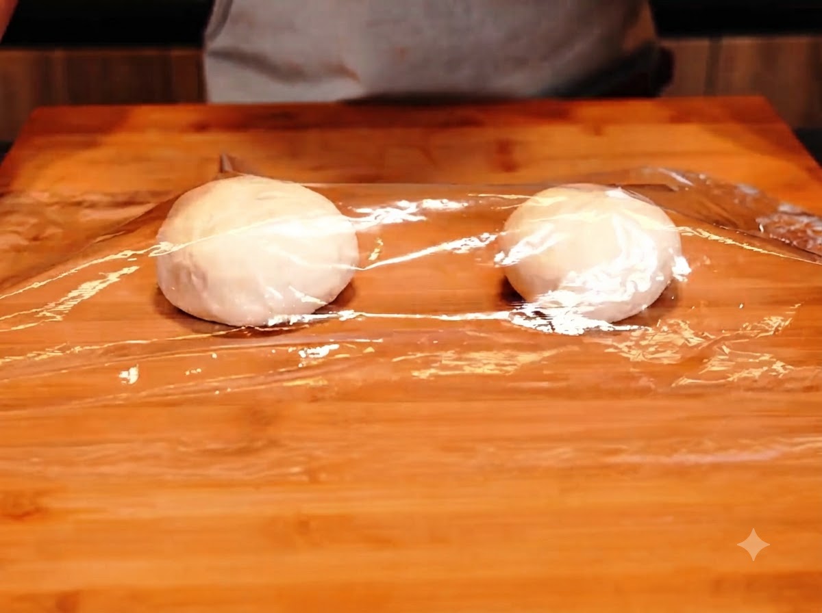 Dos pequeñas bolas de masa redondas cubiertas con film transparente sobre una tabla de madera.